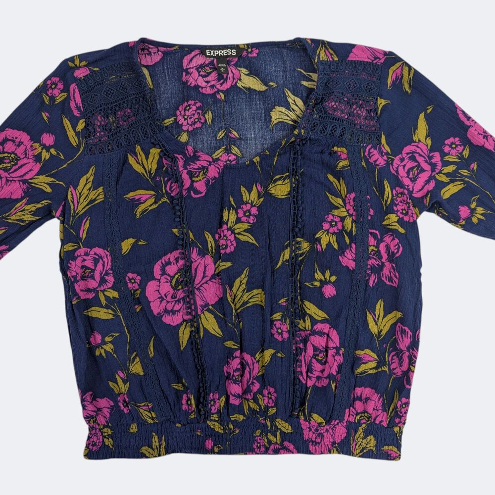 Express Navy Blue Pink Floral Peasant Blouse Lace Trim Bell Sleeves Medium Boho